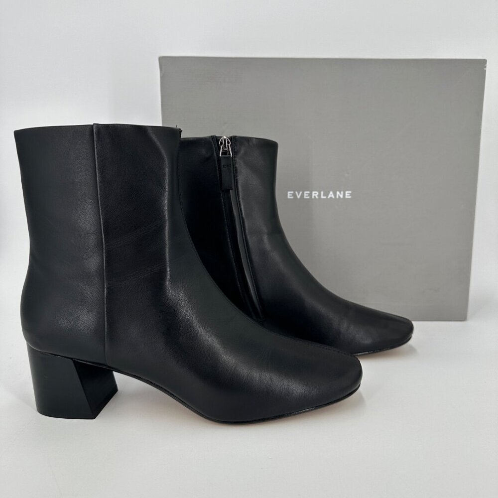 Everlane The Day Boot in Black Leather sz 10.5 Side Zip Ankle Bootie Square Toe